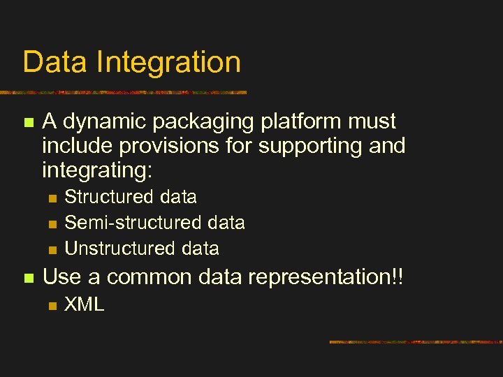 Data Integration n A dynamic packaging platform must include provisions for supporting and integrating: