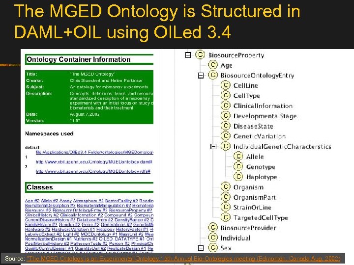 The MGED Ontology is Structured in DAML+OIL using OILed 3. 4 Source: 