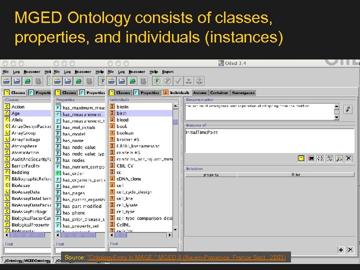 MGED Ontology consists of classes, properties, and individuals (instances) Source: 