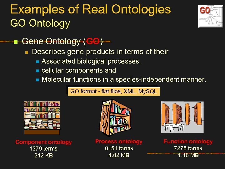 Examples of Real Ontologies GO Ontology n Gene Ontology (GO) n Describes gene products