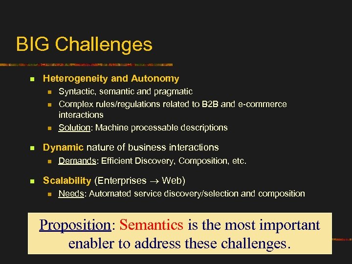 BIG Challenges n Heterogeneity and Autonomy n n Dynamic nature of business interactions n