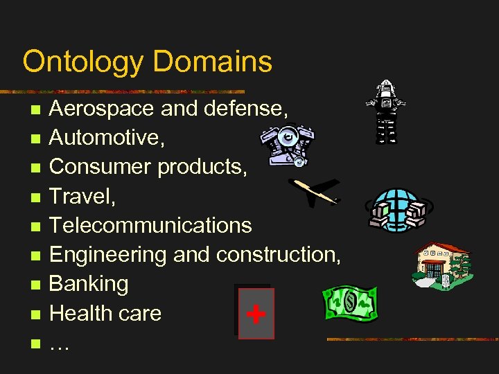 Ontology Domains n n n n n Aerospace and defense, Automotive, Consumer products, Travel,