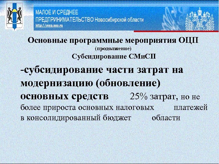 Основные программные мероприятия ОЦП (продолжение) Субсидирование СМи. СП -субсидирование части затрат на модернизацию (обновление)