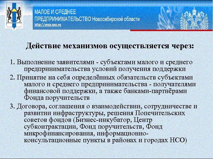 Действие механизмов осуществляется через: 1. Выполнение заявителями - субъектами малого и среднего предпринимательства условий