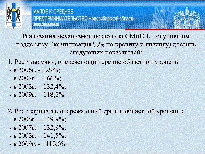 Реализация механизмов позволила СМи. СП, получившим поддержку (компенсация %% по кредиту и лизингу) достичь