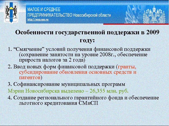 Особенности государственной поддержки в 2009 году: 1. “Смягчение” условий получения финансовой поддержки (сохранение занятости