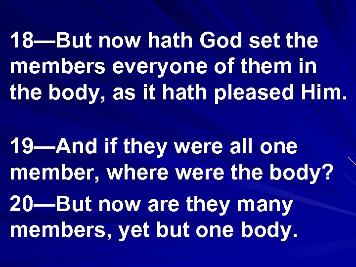 18—But now hath God set the members everyone of them in the body, as