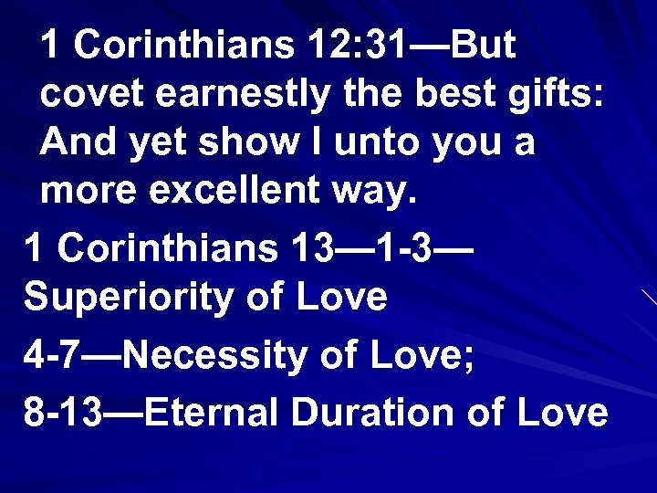 1 Corinthians 12: 31—But covet earnestly the best gifts: And yet show I unto