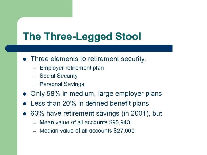 The Three-Legged Stool l Three elements to retirement security: – – – l l