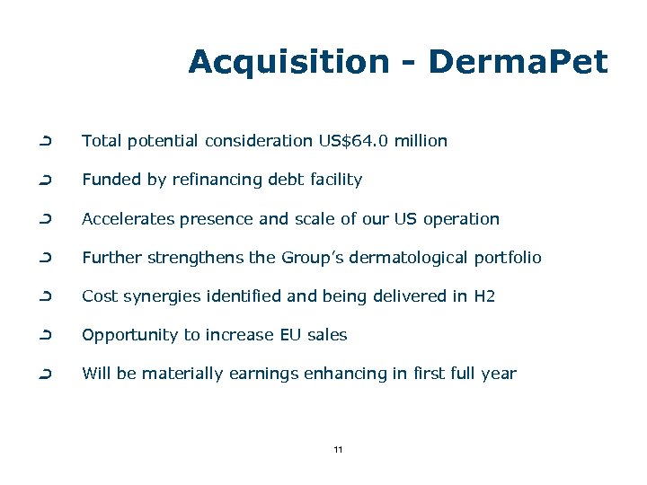 Acquisition - Derma. Pet Total potential consideration US$64. 0 million Funded by refinancing debt