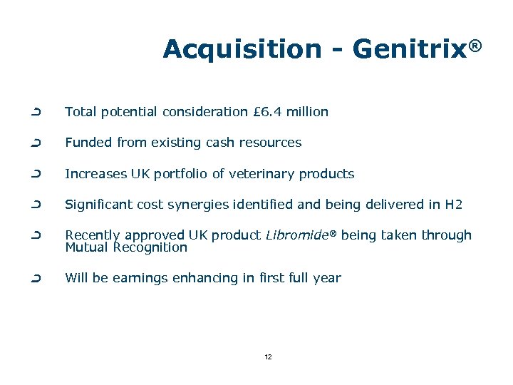 Acquisition - Genitrix® Total potential consideration £ 6. 4 million Funded from existing cash