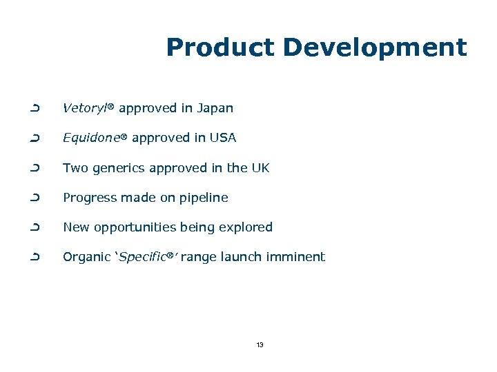 Product Development Vetoryl® approved in Japan Equidone® approved in USA Two generics approved in