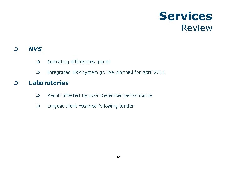 Services Review NVS Operating efficiencies gained Integrated ERP system go live planned for April