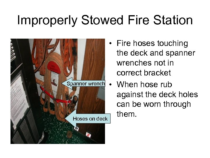 Improperly Stowed Fire Station • Fire hoses touching the deck and spanner wrenches not