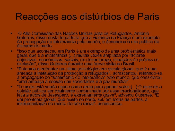 Reacções aos distúrbios de Paris • • O Alto Comissário das Nações Unidas para