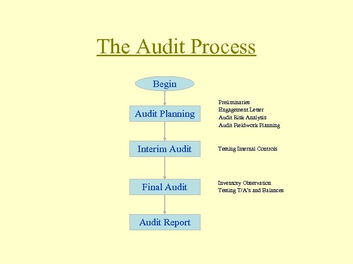 The Audit Process Begin Audit Planning Preliminaries Engagement Letter Audit Risk Analysis Audit Fieldwork