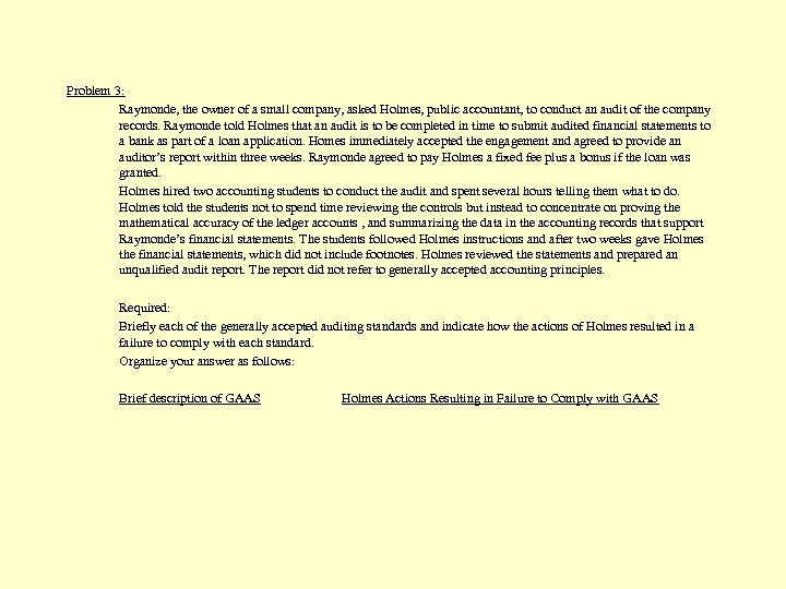 Problem 3: Raymonde, the owner of a small company, asked Holmes, public accountant, to