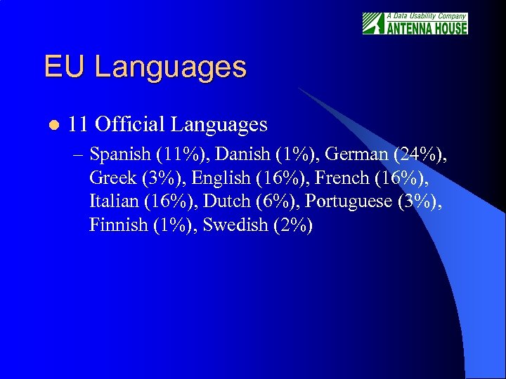 EU Languages l 11 Official Languages – Spanish (11%), Danish (1%), German (24%), Greek