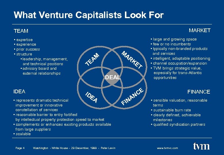 What Venture Capitalists Look For MARKET TEAM • expertise • experience • prior success