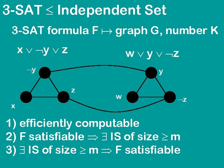 3 -SAT Independent Set 3 -SAT formula F graph G, number K x y