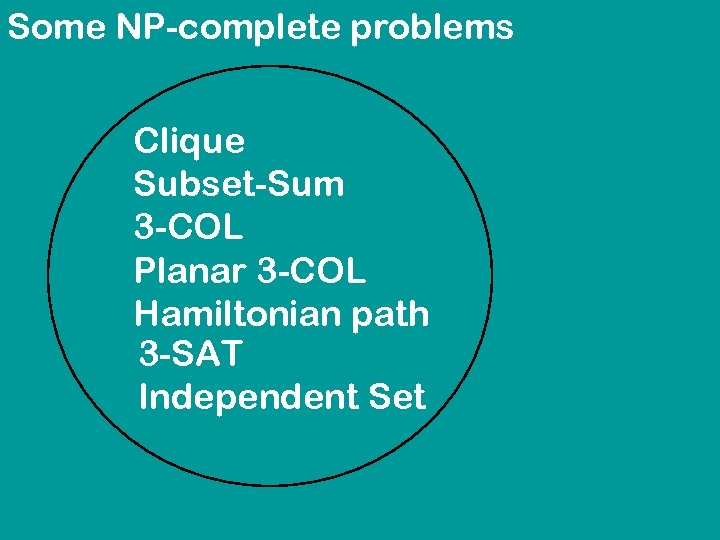 Some NP-complete problems Clique Subset-Sum 3 -COL Planar 3 -COL Hamiltonian path 3 -SAT