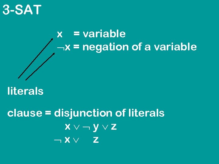 3 -SAT x = variable x = negation of a variable literals clause =