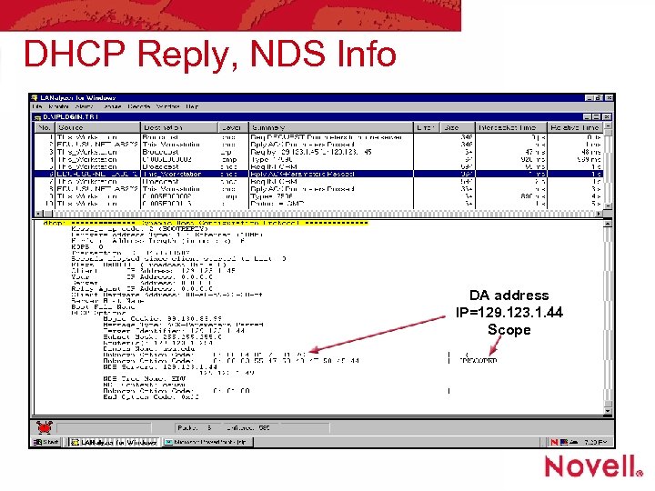 DHCP Reply, NDS Info DA address IP=129. 123. 1. 44 Scope 