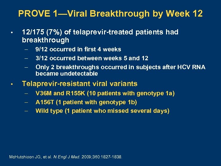 PROVE 1—Viral Breakthrough by Week 12 • 12/175 (7%) of telaprevir-treated patients had breakthrough