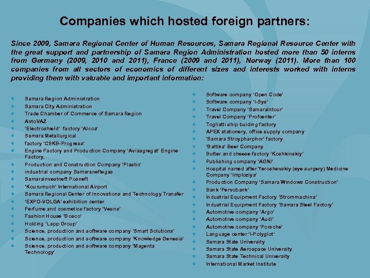 Companies which hosted foreign partners: Since 2009, Samara Regional Center of Human Resources, Samara