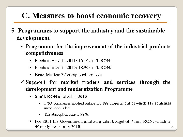 C. Measures to boost economic recovery 5. Programmes to support the industry and the