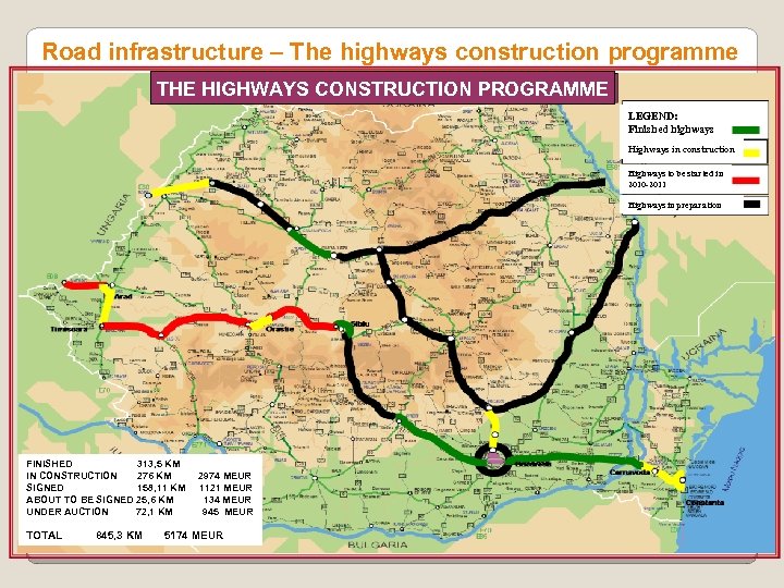 Road infrastructure – The highways construction programme THE HIGHWAYSDE CONSTRUCTIEPROGRAMME PROGRAMUL CONSTRUCTION AUTOSTRAZI LEGENDA