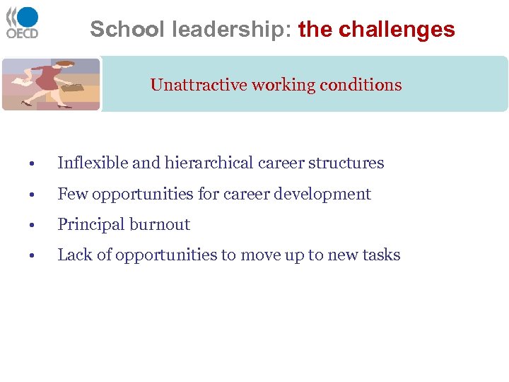 School leadership: the challenges Unattractive working conditions • Inflexible and hierarchical career structures •