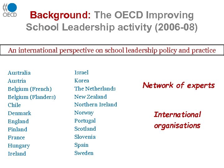 Background: The OECD Improving School Leadership activity (2006 -08) An international perspective on school