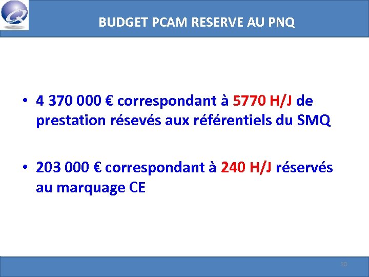 BUDGET PCAM RESERVE AU PNQ • 4 370 000 € correspondant à 5770 H/J