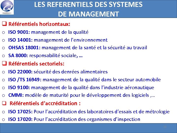 LES REFERENTIELS DES SYSTEMES DE MANAGEMENT q Référentiels horizontaux: o o ISO 9001: management