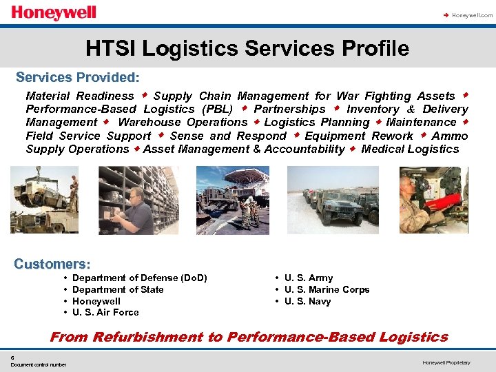 à Honeywell. com HTSI Logistics Services Profile Services Provided: Material Readiness Supply Chain Management