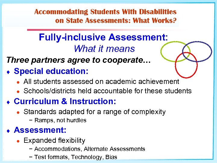 Fully-inclusive Assessment: What it means Three partners agree to cooperate… ¨ Special education: l