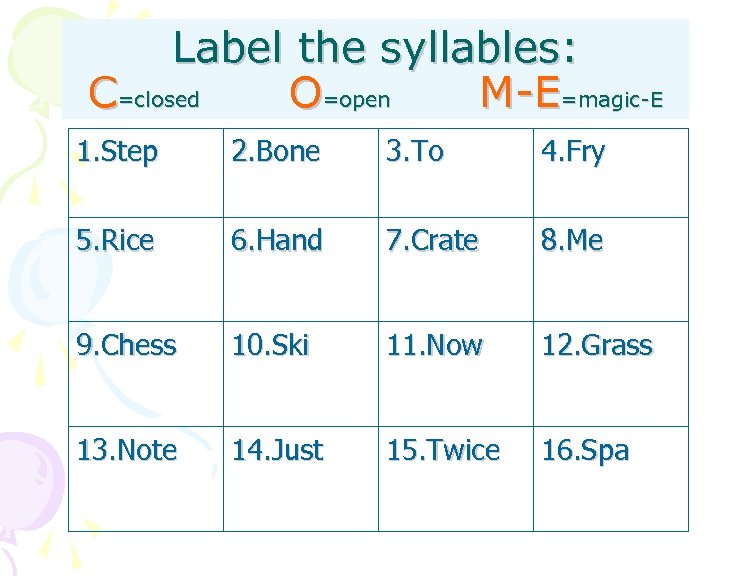 Label the syllables: C=closed O=open M-E=magic-E 1. Step 2. Bone 3. To 4. Fry