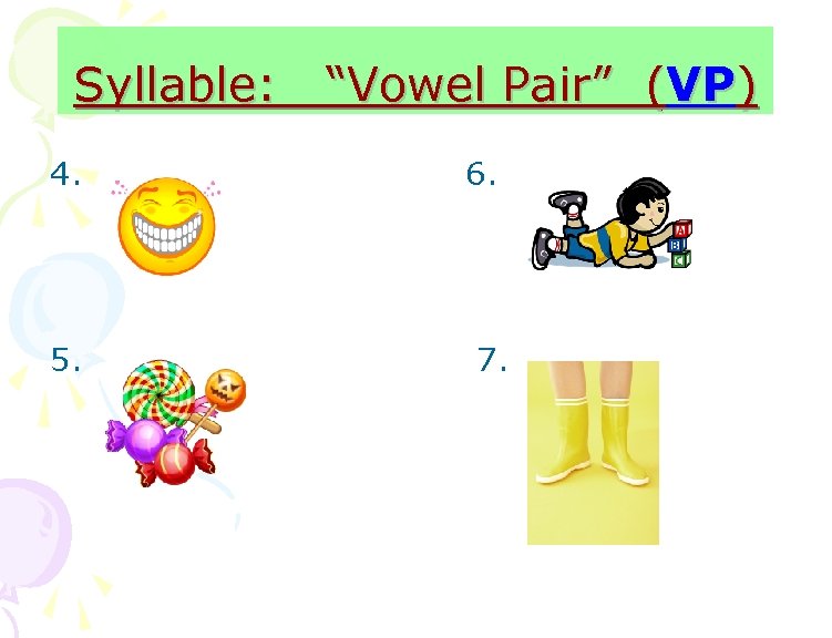 Syllable: 4. 5. “Vowel Pair” (VP) 6. 7. 