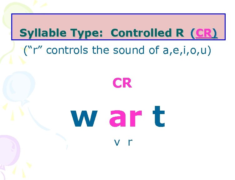 Syllable Type: Controlled R (CR) (“r” controls the sound of a, e, i, o,