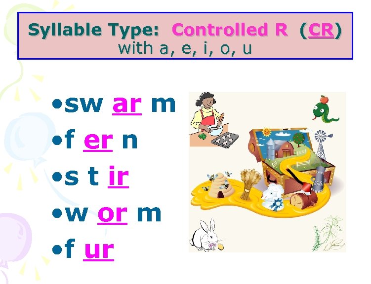 Syllable Type: Controlled R (CR) with a, e, i, o, u • sw ar