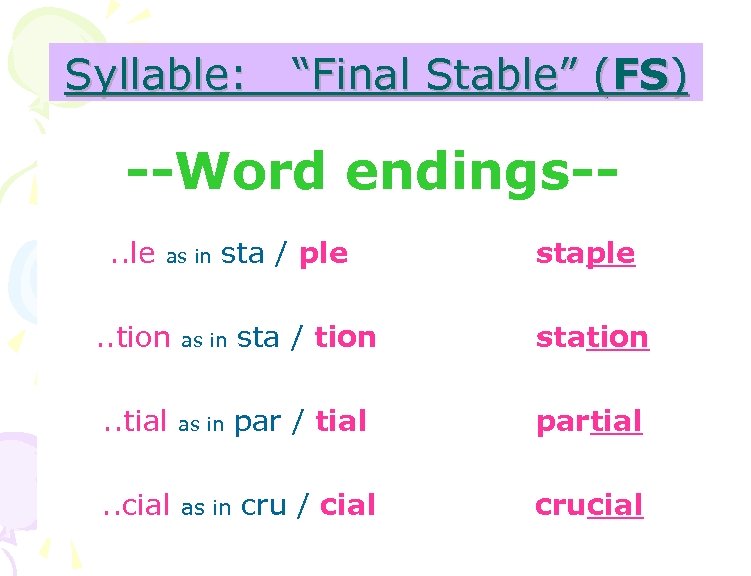 Syllable: “Final Stable” (FS) --Word endings-. . le as in sta / ple staple