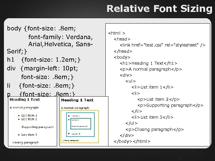 Relative Font Sizing body {font-size: . 8 em; font-family: Verdana, Arial, Helvetica, Sans. Serif;