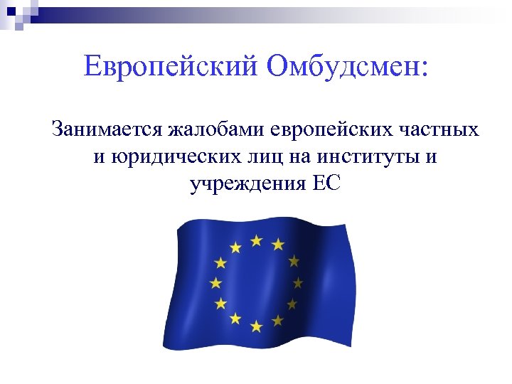 Европейский Омбудсмен: Занимается жалобами европейских частных и юридических лиц на институты и учреждения ЕС