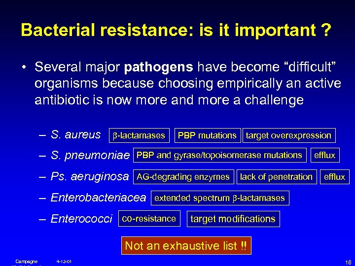 Bacterial resistance: is it important ? • Several major pathogens have become “difficult” organisms