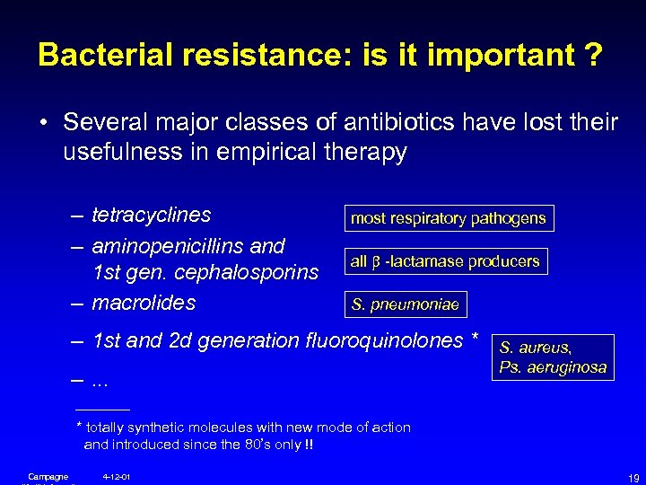 Bacterial resistance: is it important ? • Several major classes of antibiotics have lost