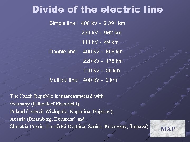 Divide of the electric line Simple line: 400 k. V - 2 391 km