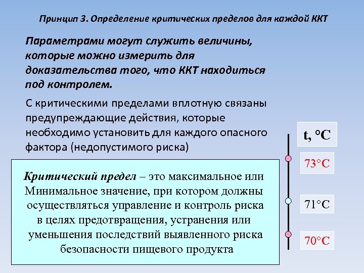 Принцип 3. Определение критических пределов для каждой ККТ Параметрами могут служить величины, которые можно