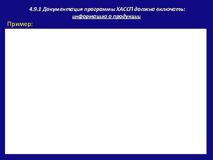  4. 9. 1 Документация программы ХАССП должна включать: информацию о продукции Пример: 