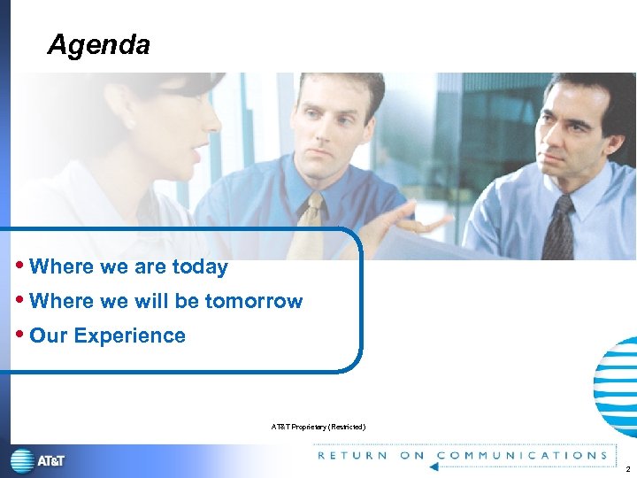 Agenda Where we are today Where we will be tomorrow Our Experience AT&T Proprietary